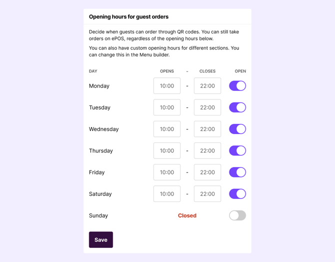Opening hours guests